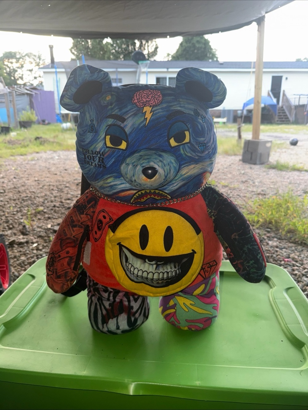 Sprayground Red Tag with Yellow Smiley and Gold Accent